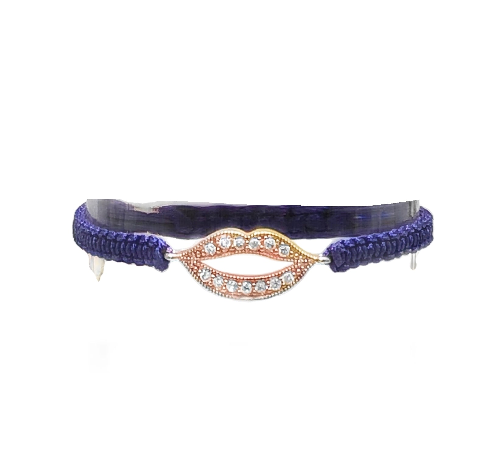 PULSERA DE BESO EN PLATA 925 CON CRISTALES E HILOS DE SEDA EN TONO ROSADO.