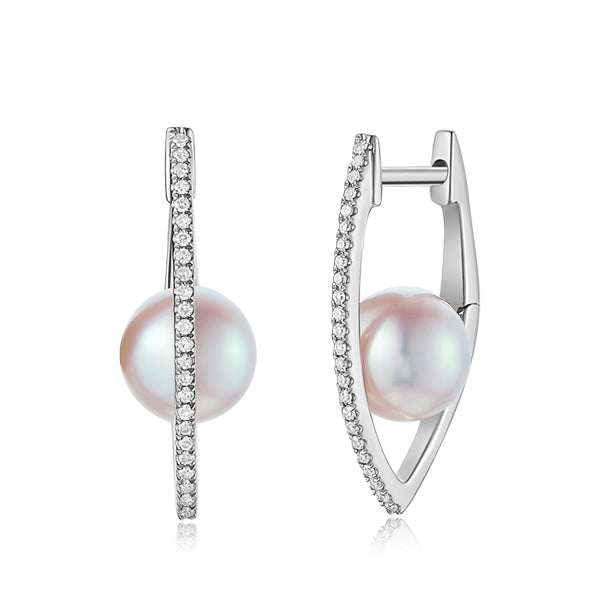 D0.11CT 14KW FLOATING PEARL V HOOP EARRINGS P5.44CT