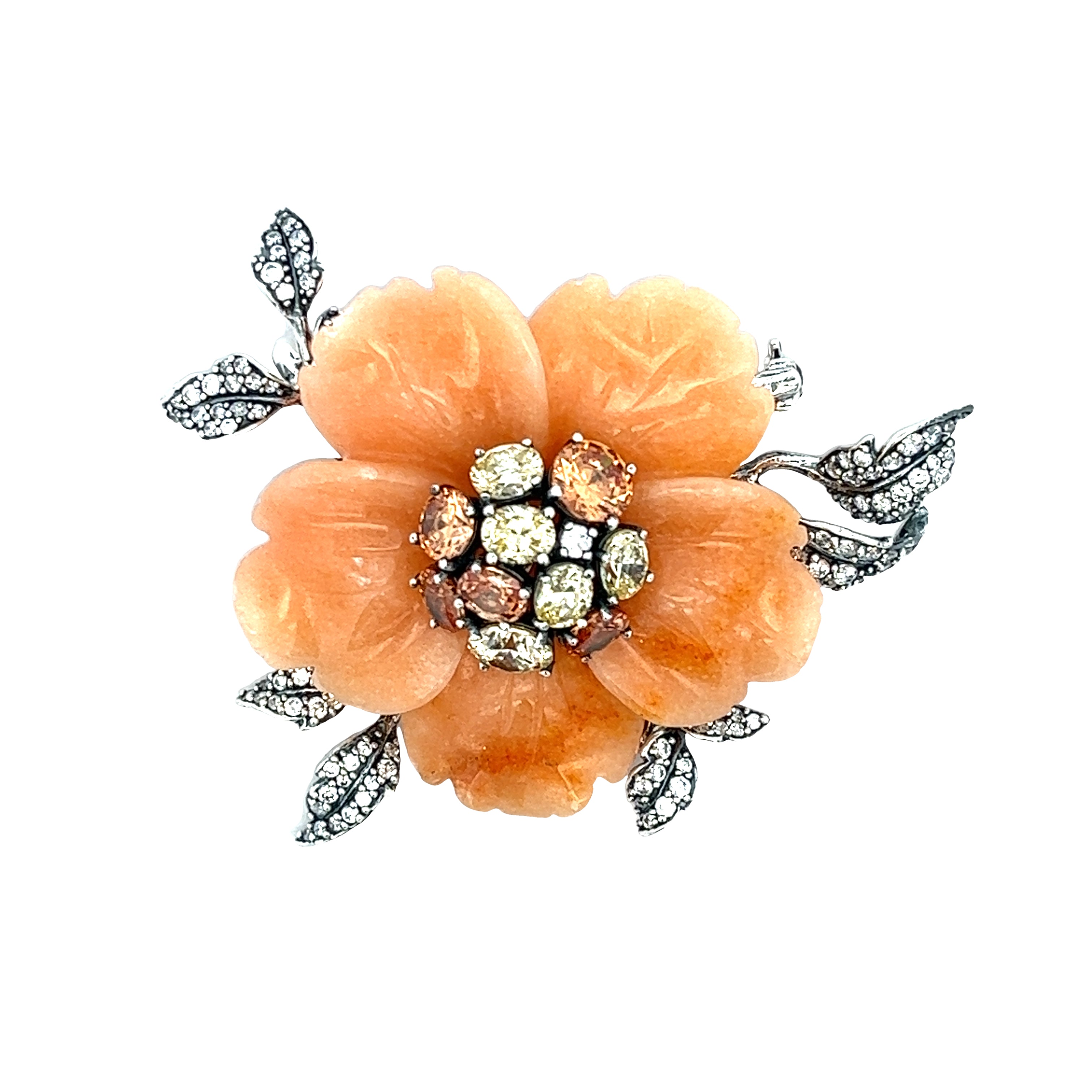 BROOCH PENDANT SILVER CENTER FLOWER ORANGE CALCITE MIX CZ