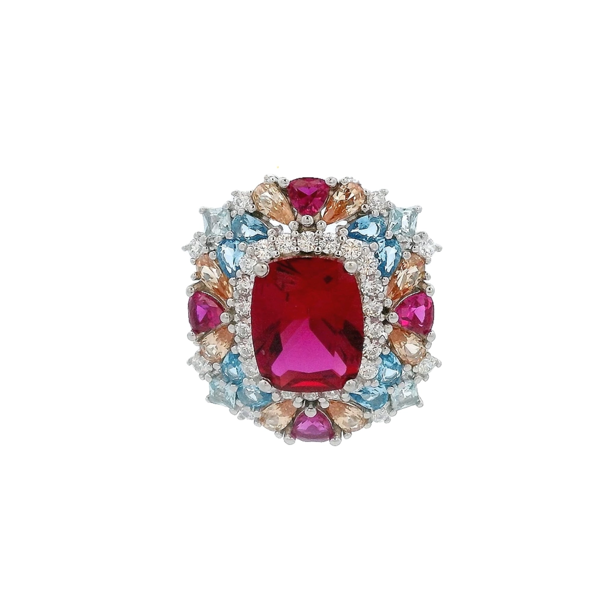 925SS SQUARE RED WITH CLUSTER MULTICOLOR CZ PENDANT