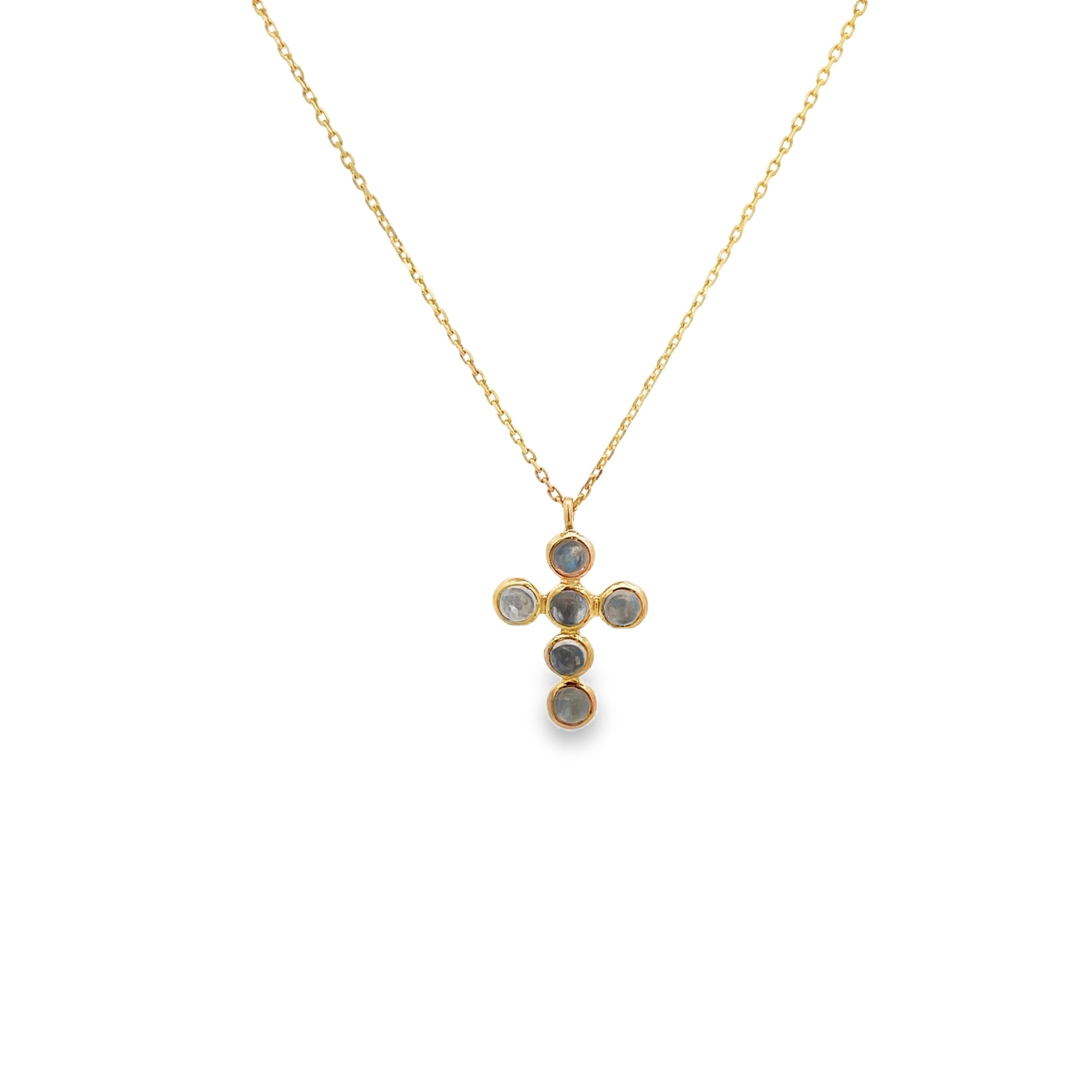925YG SMALL CROSS BEZEL MOONSTONE RAINBOW NECKLACE