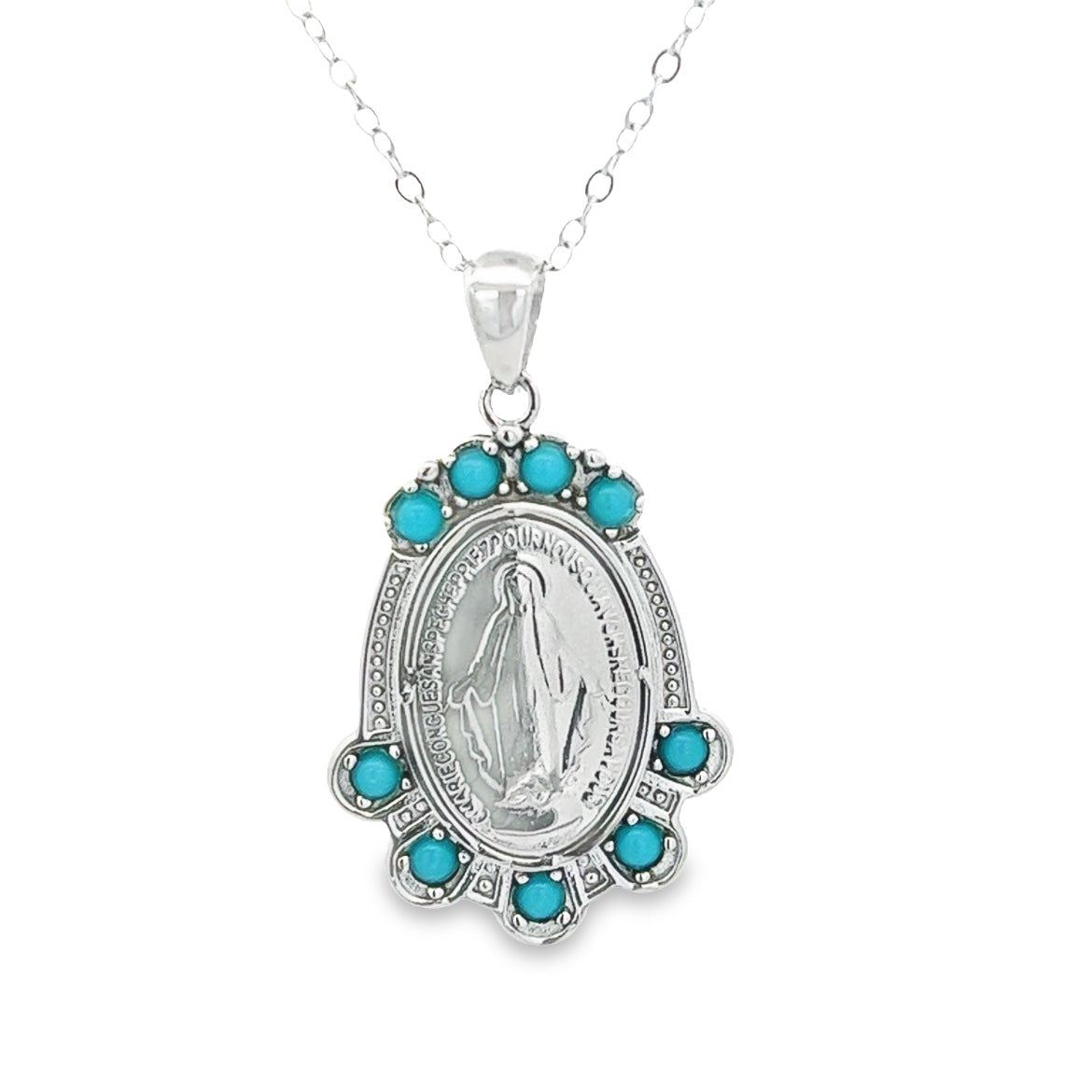 NECKLACE 925 SILVER VIRGIN OF THE MIRACULOUS MENDAL PEARLS BLUE SILVER