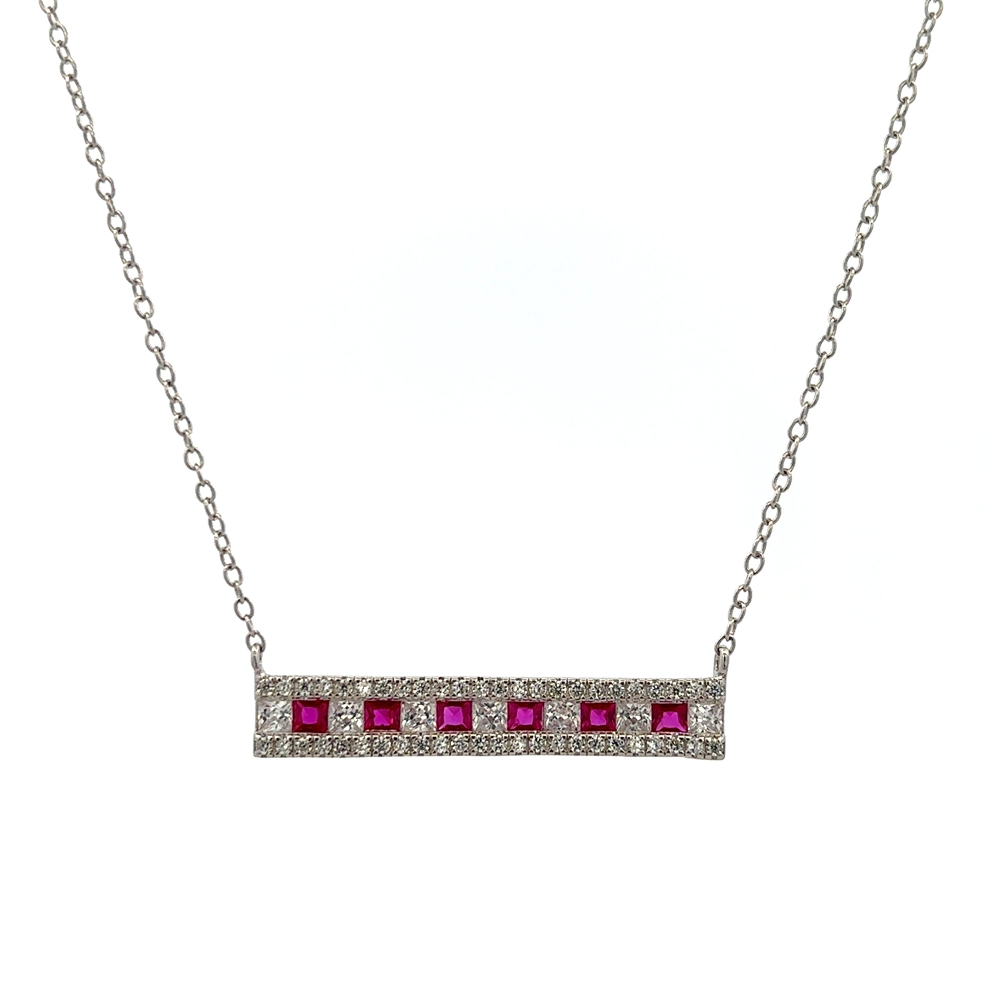 STERLING SILVER RHODIUM LONG BAR BAGUETTE RUBY & CLEAR CZ NECKLACE