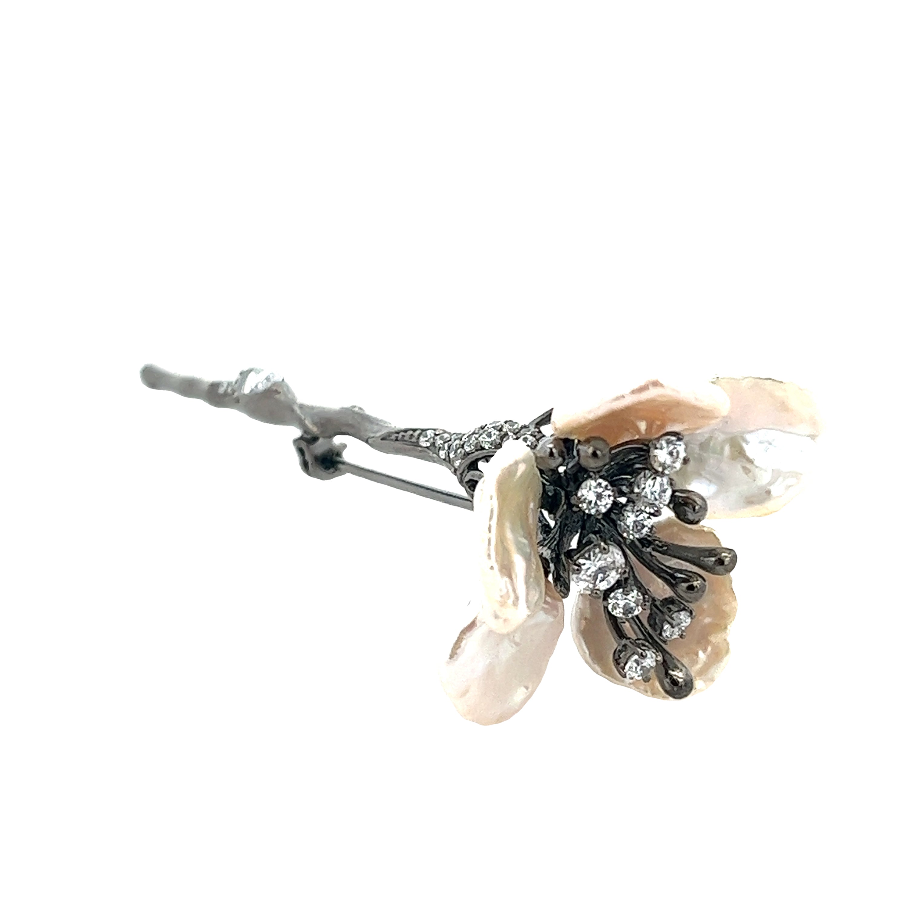 BROOCH SILVER CENTER WHITE CZ FRESH WATER WHITE PEARL  BP