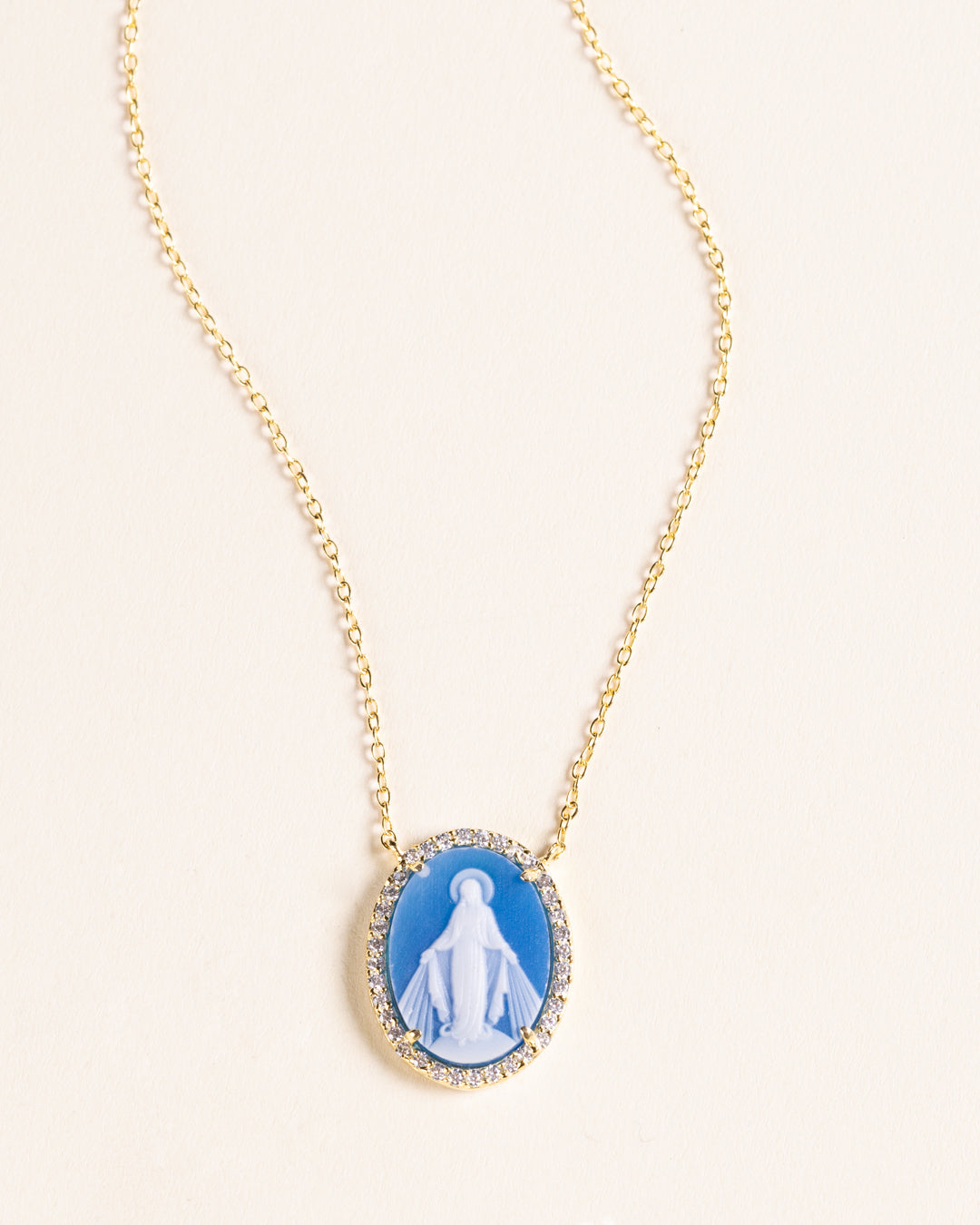 925 GOLD PLATED MIRACULOUS VIRGIN IN BLUE AGATHE CAMEO PENDANT WITH CRYSTALS HALO