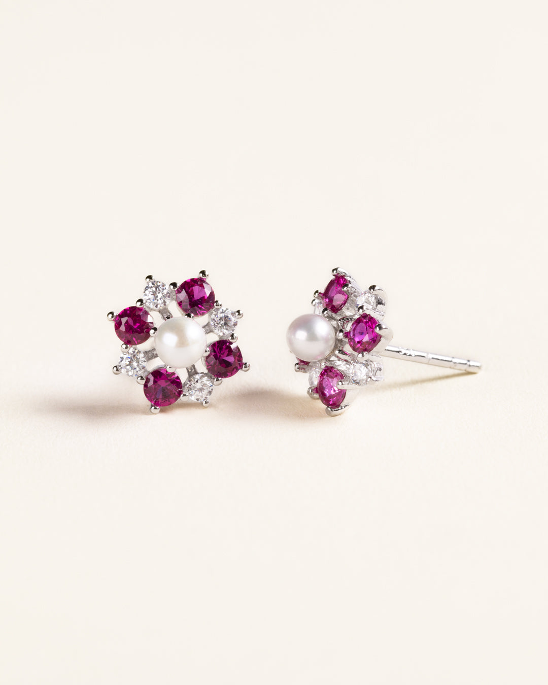 925 SILVER FLOWER EARRINGS WITH PEARLS AND FUCHSIA CRYSTALS