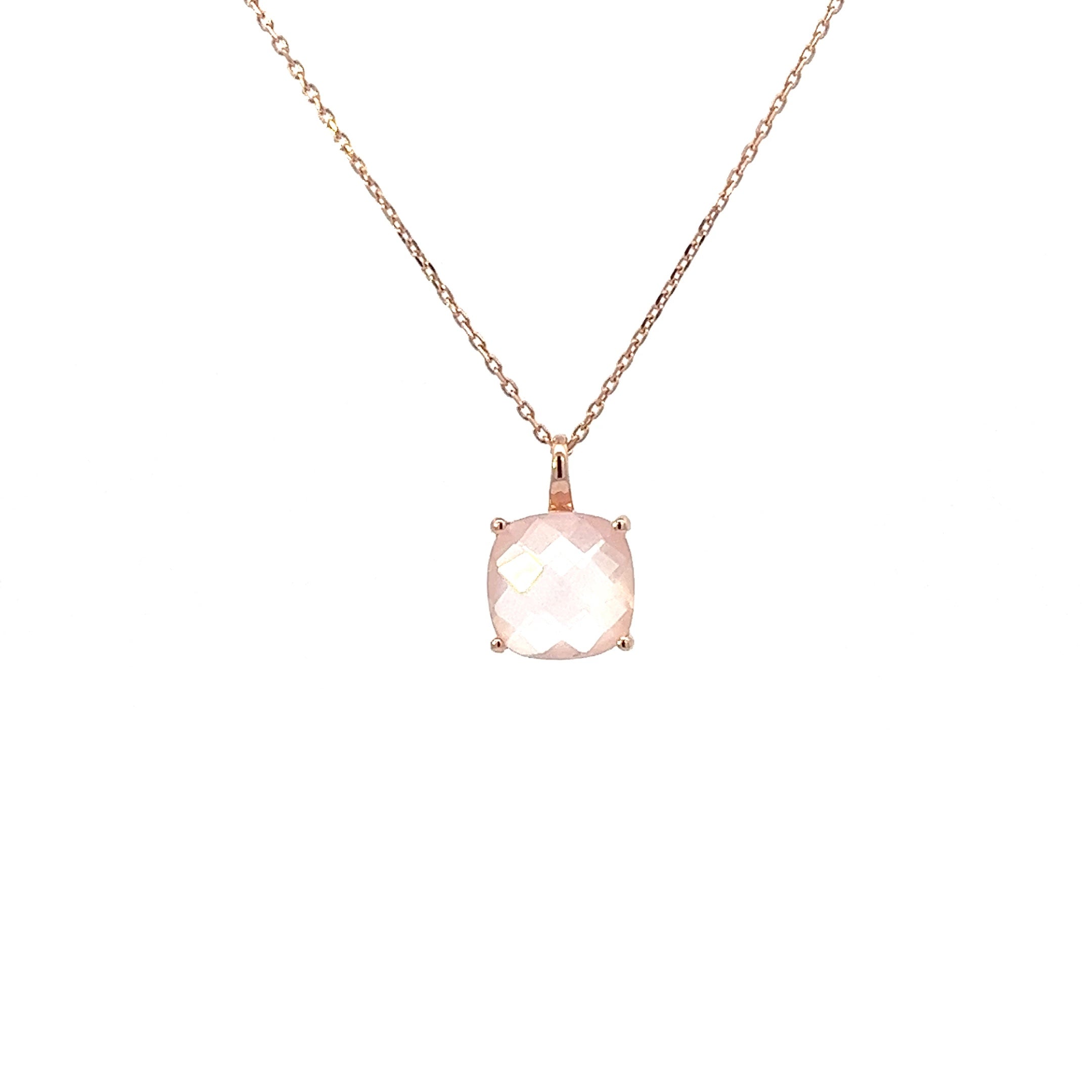 ROSE QUARTZ CUSHION NECKLACE SET IN 925 SILVER ROSE GOLD PLATED