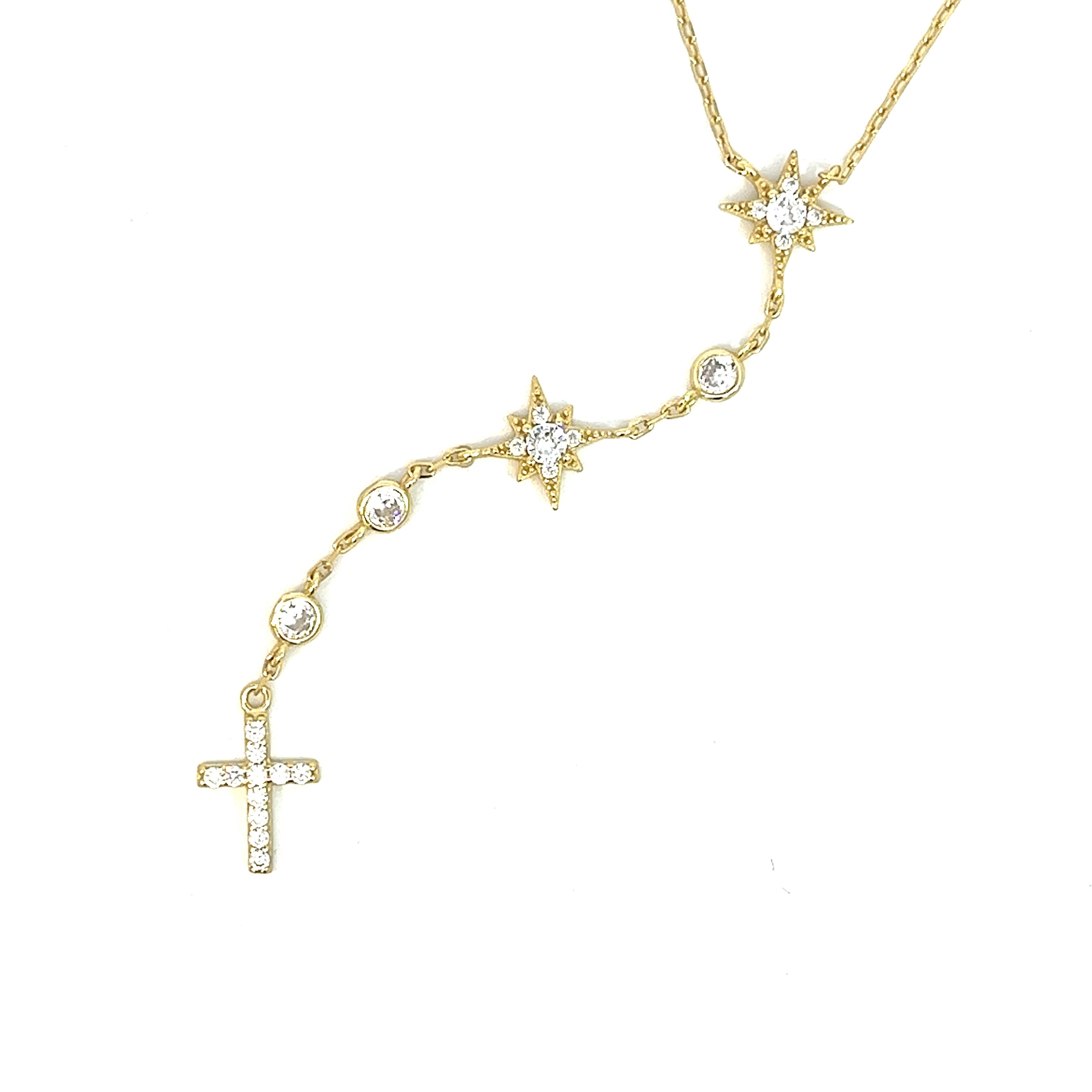 925 GOLD PLATED PENDANT WITH CROSS AND STARS WITH CRYSTALS