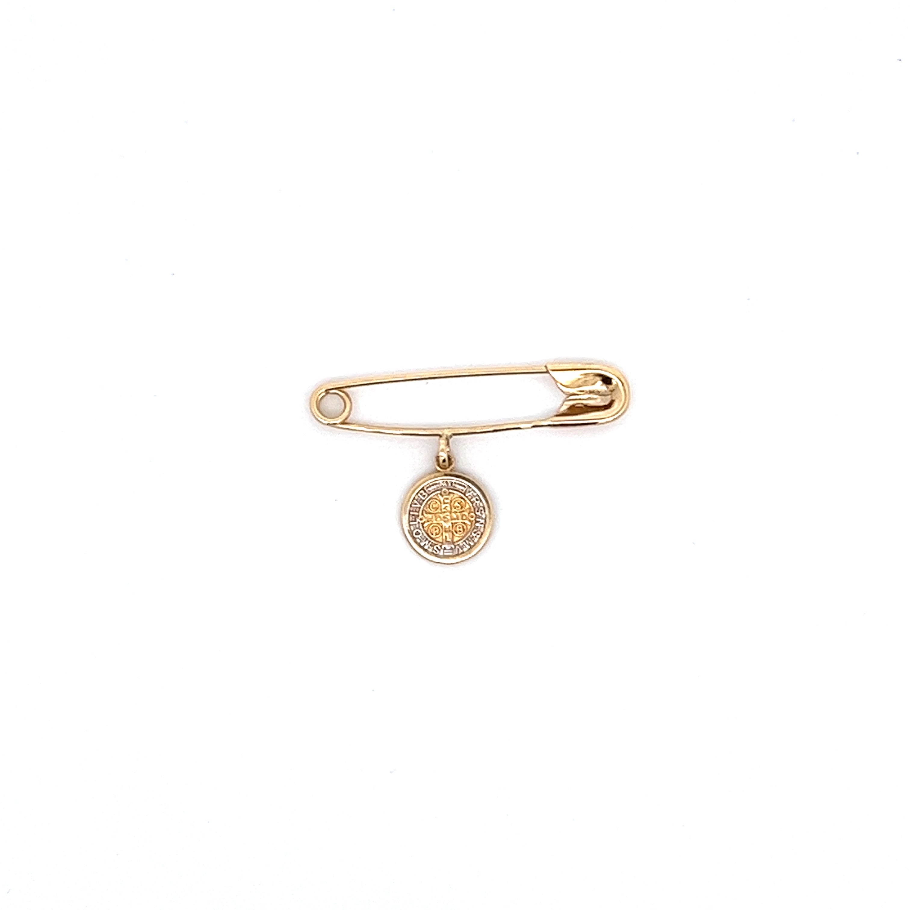 14K WHITE AND GOLD PIN WITH SAINT BENEDICT MEDAL
