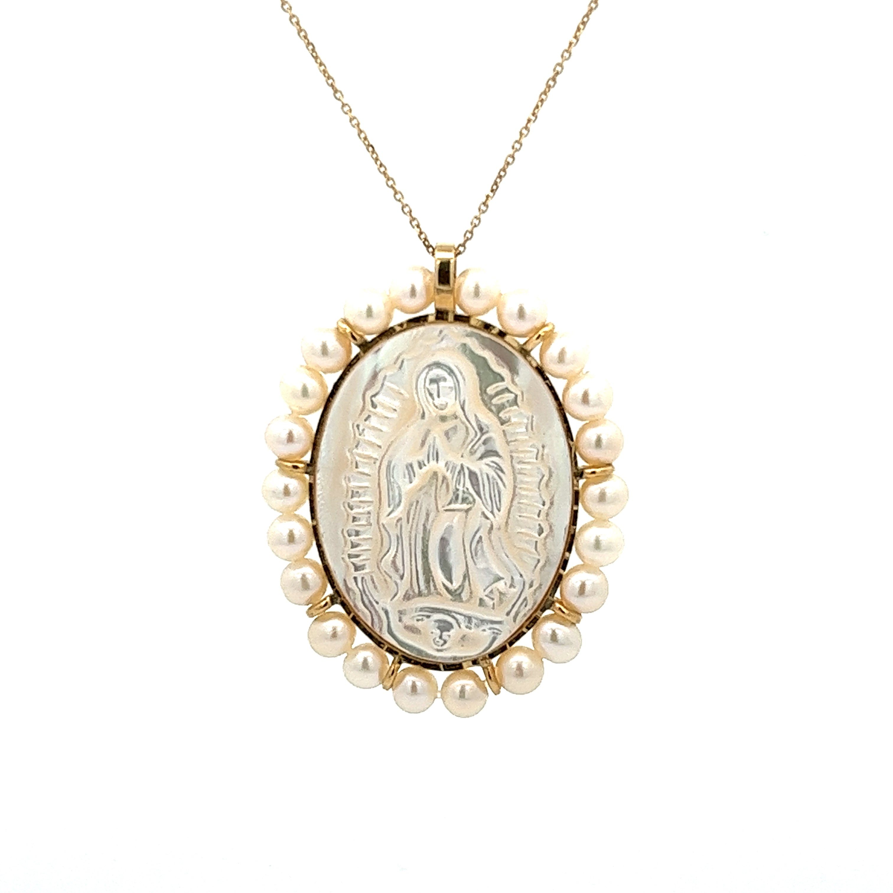 14K GOLD LADY OF GUADALUPE MEDAL IN MOTHER OF PEARL WITH HALO OF PEARLS