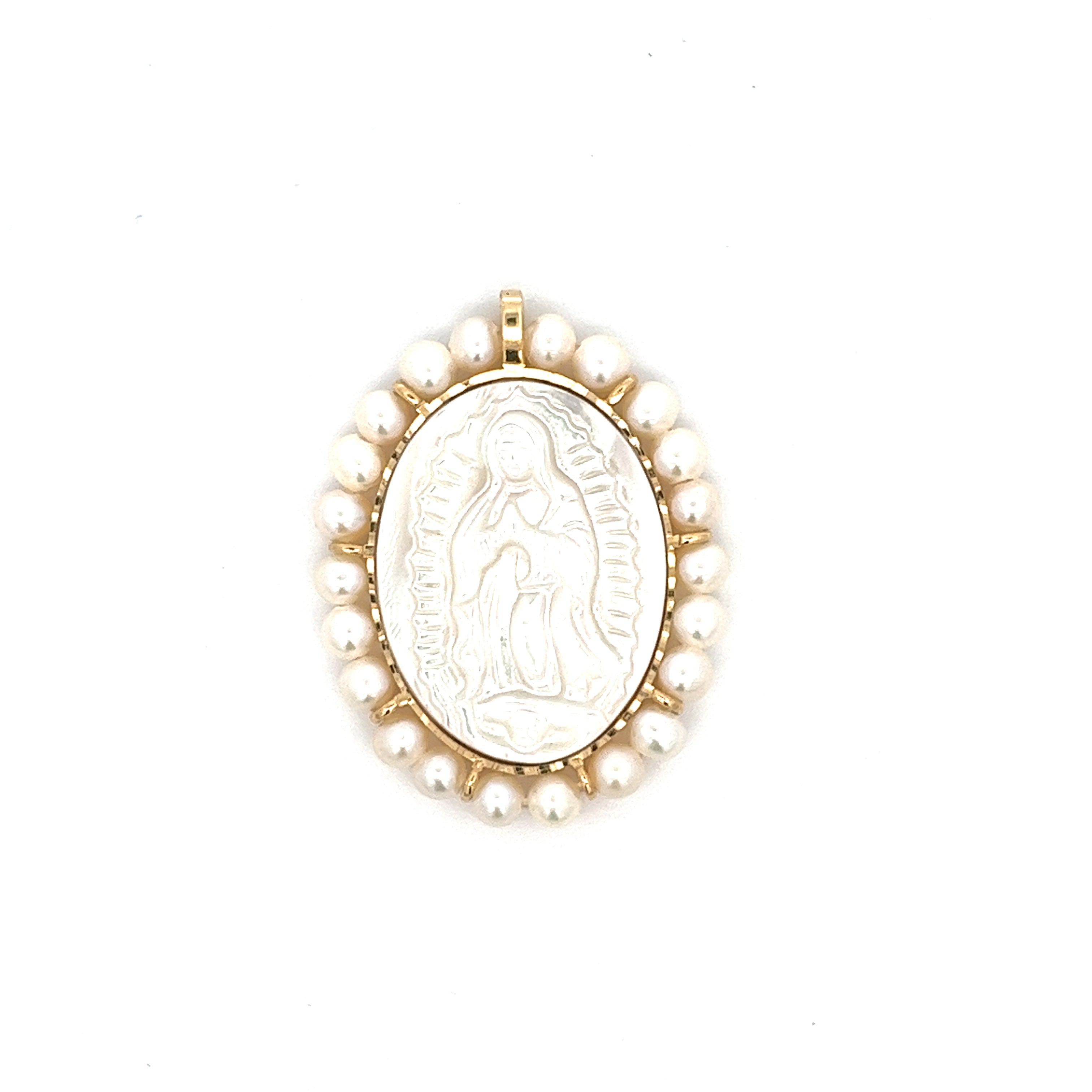 14K GOLD LADY OF GUADALUPE MEDAL IN MOTHER OF PEARL WITH HALO OF PEARLS
