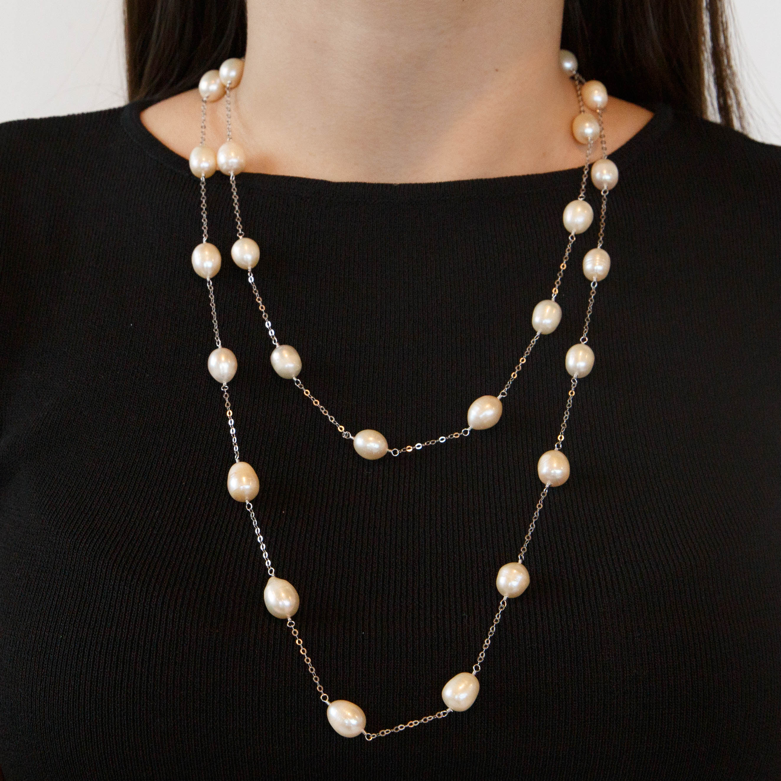 925 SILVER LONG NECKLACE WITH WHITE PEARLS