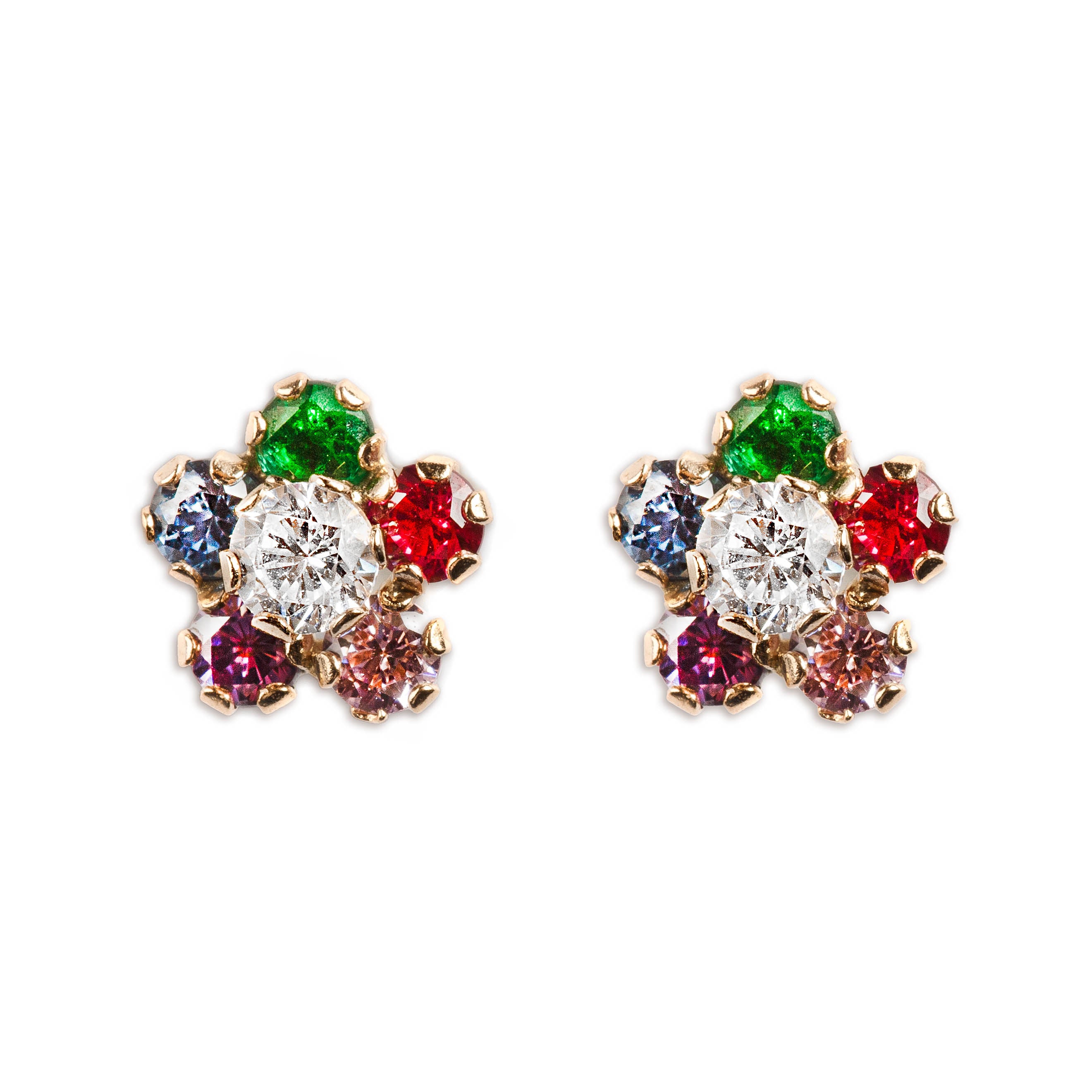 14K FLOWER EARRINGS WITH MULTICOLOR CRYSTALS