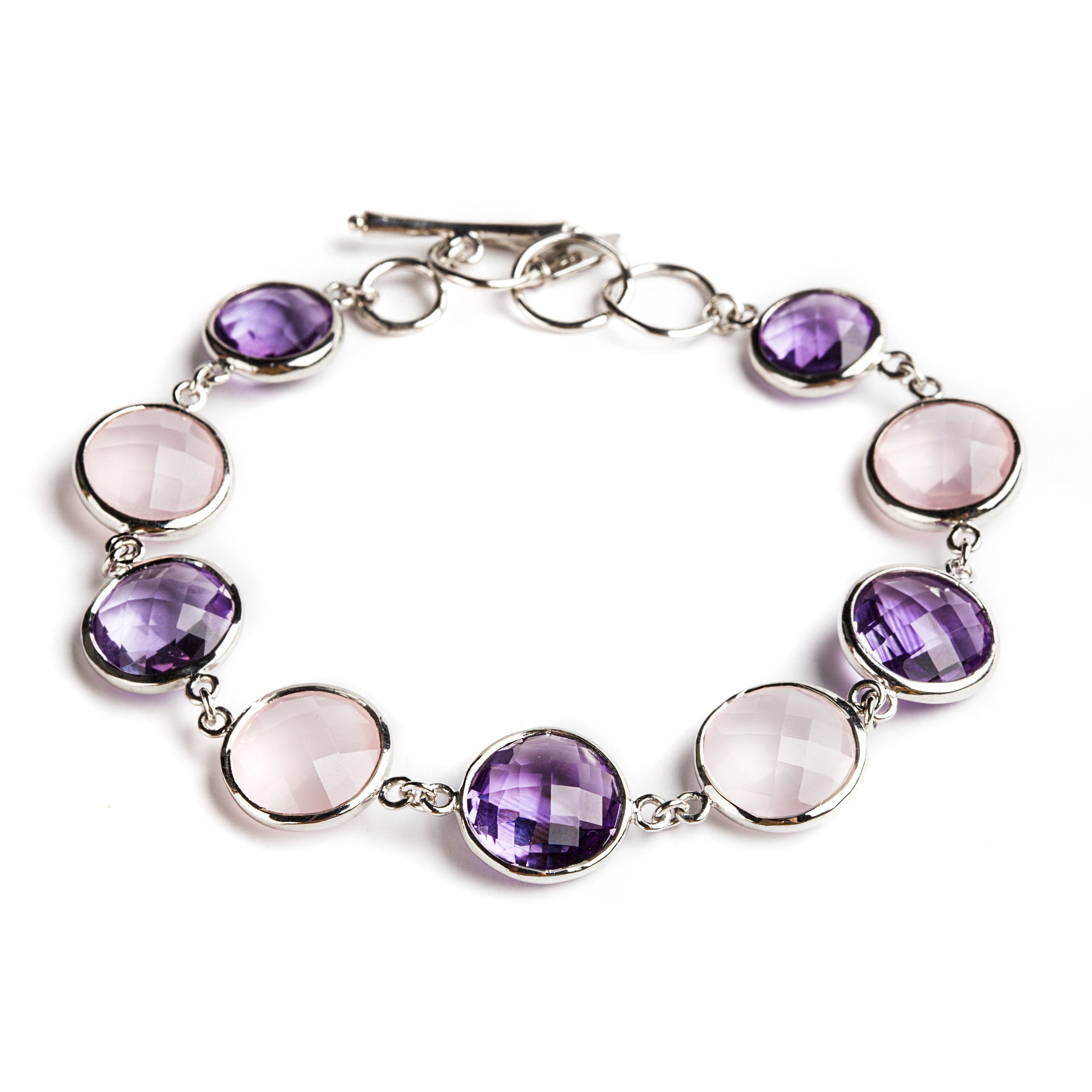925 SILVER ROUND BRACELET WITH BRAZILIAN AMETHYST AND ROSE QUARTZ