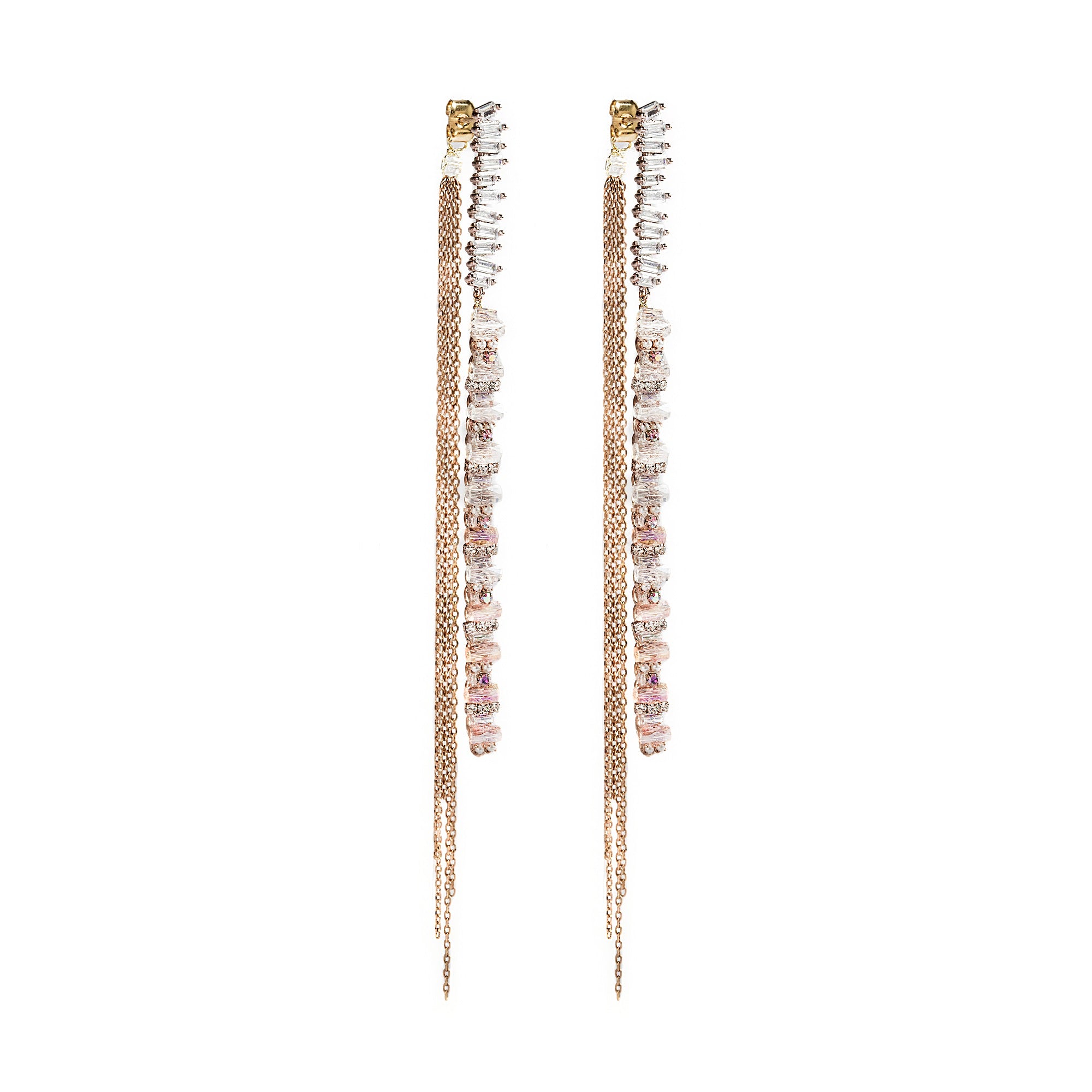 925 GOLD BAGUETTE CRYSTALS, BEADS AND CHAINS EARRINGS