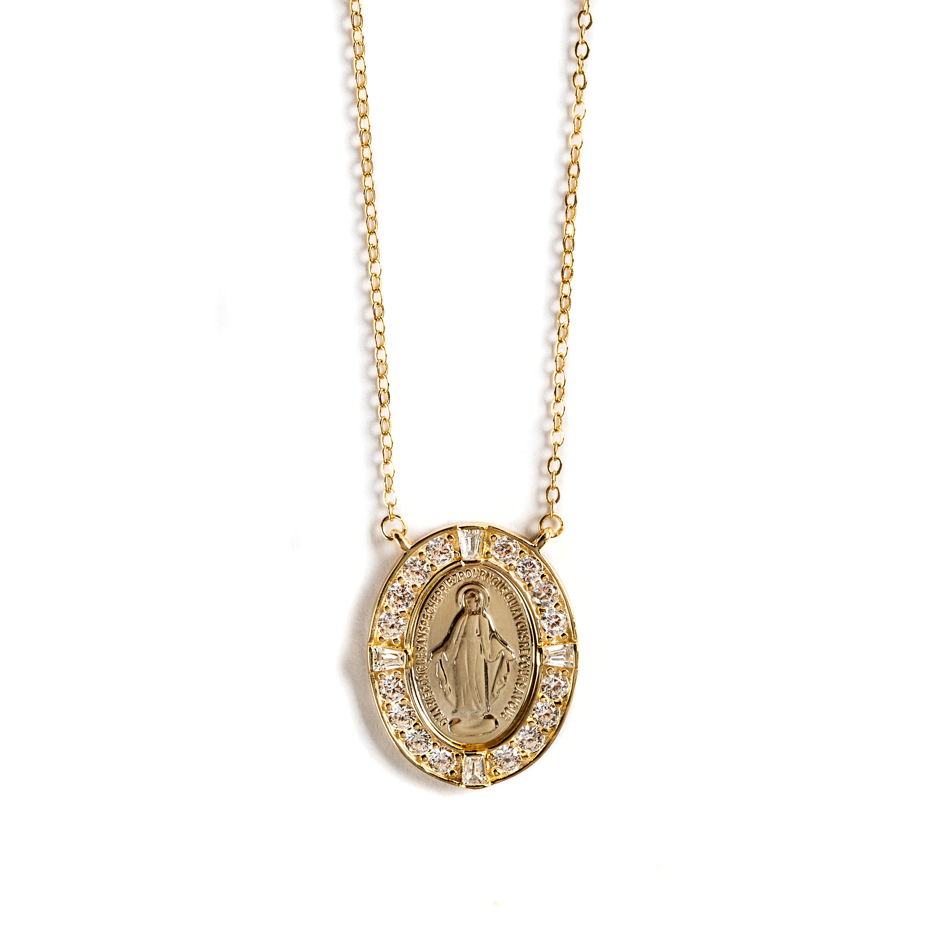 925 GOLD PLATED MIRACULOUS VIRGIN MEDAL WITH CRYSTALS