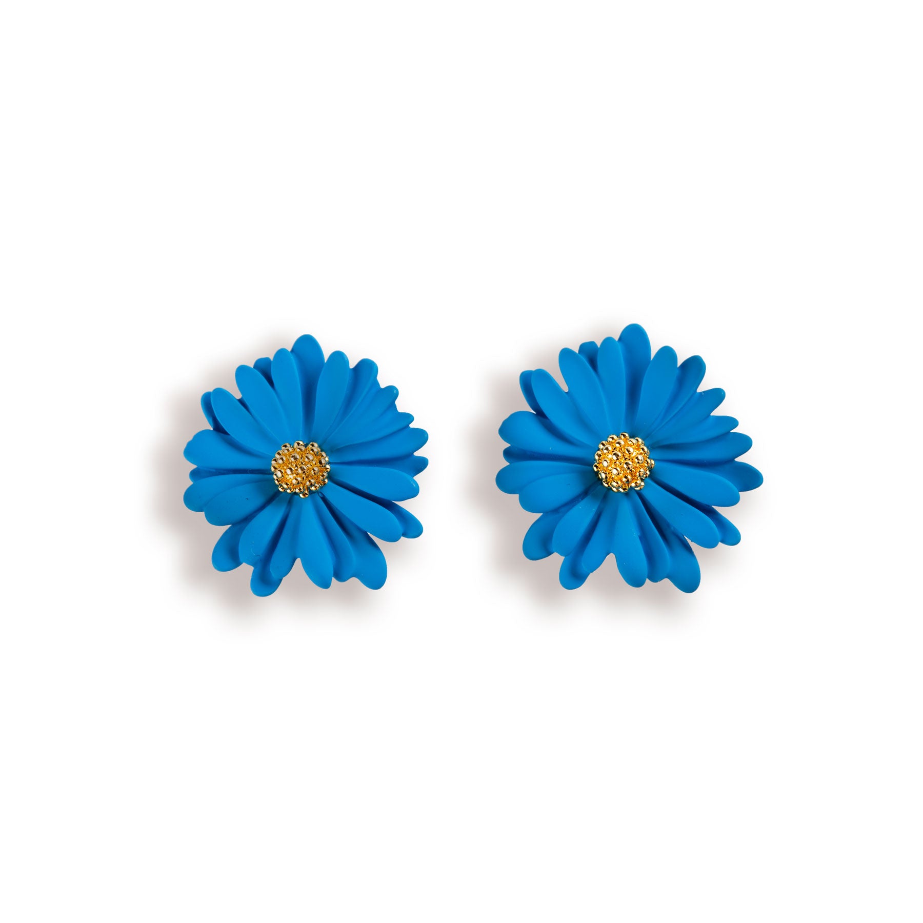 GOLDEN METAL DAISIES EARRINGS NEON BLUE COLOR HAND PAINTED