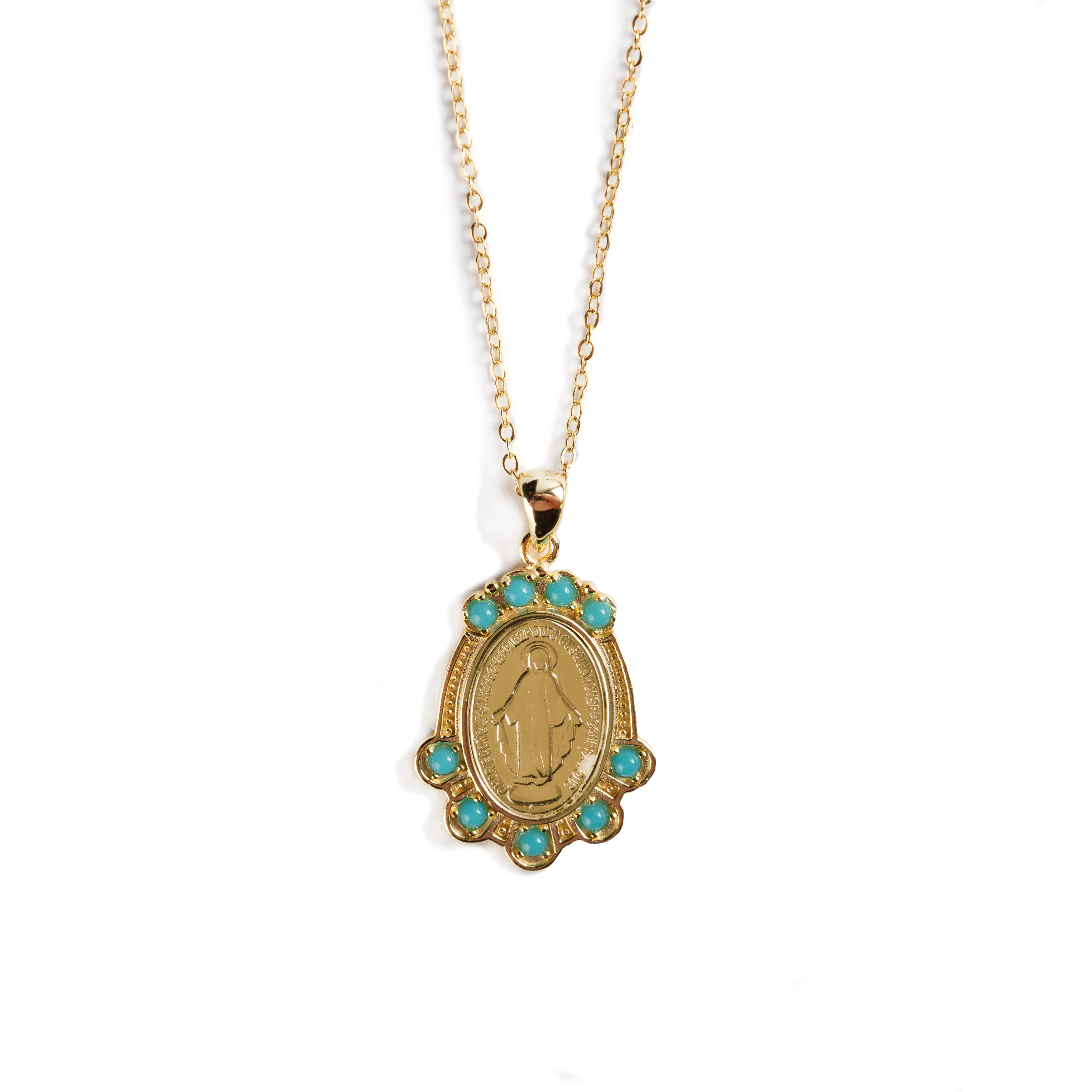925 GOLD PLATED MIRACULOUS VIRGIN PENDANT WITH TURQUOISE CRYSTALS