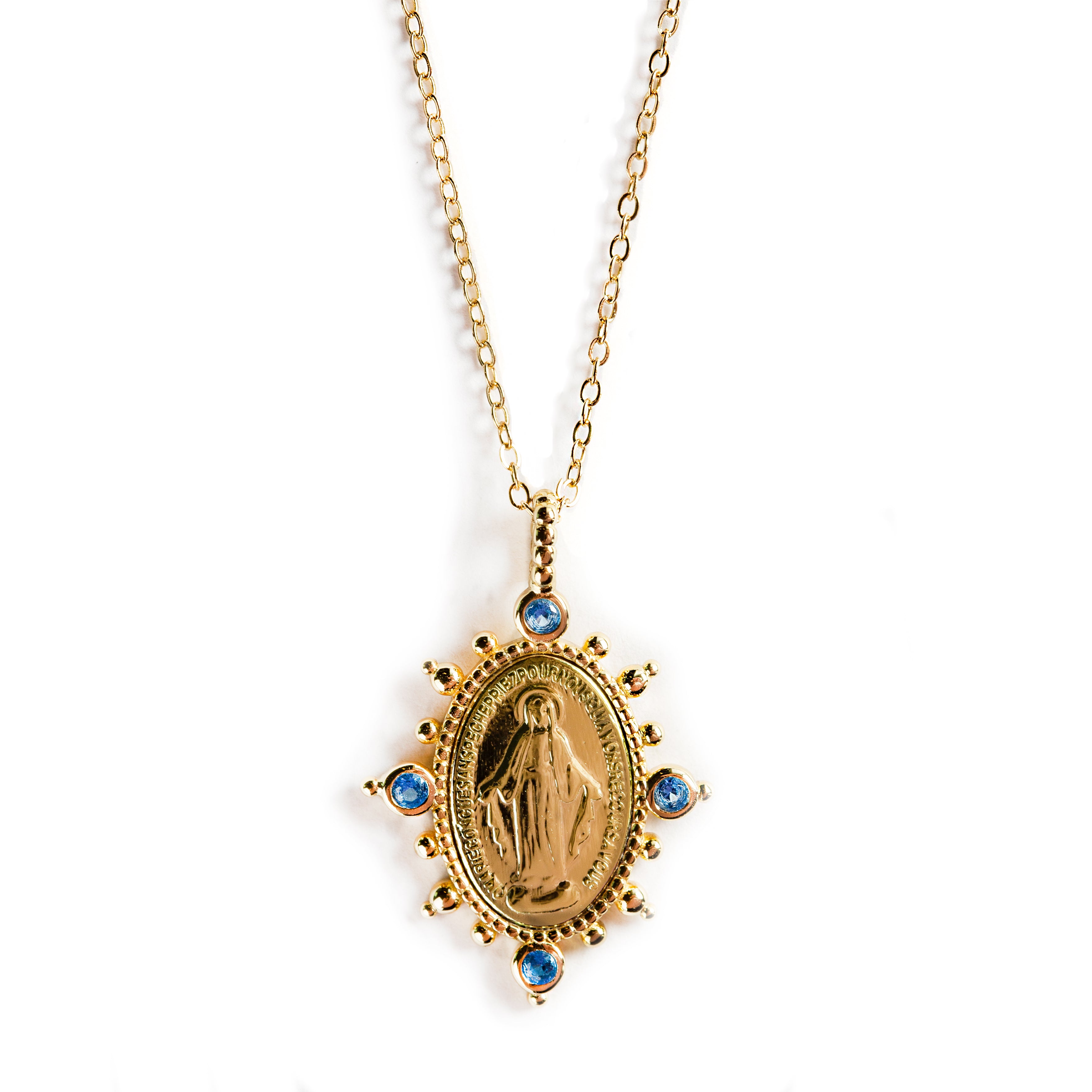 925 GOLD PLATED MIRACULOUS VIRGIN PENDANT WITH BLUE CRYSTALS