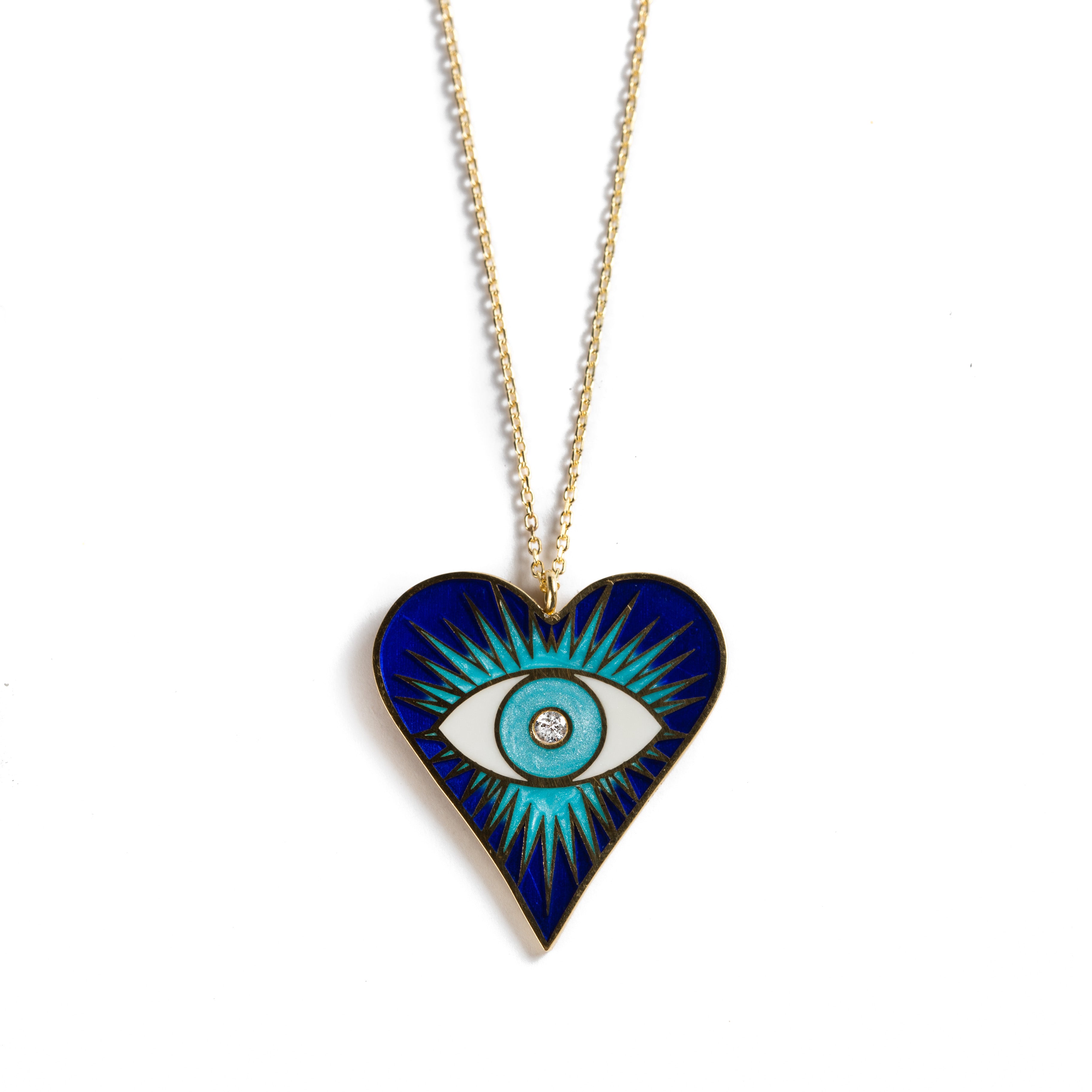 925 GOLD PLATED BLUE EVIL EYE HEART PENDANT WITH BABY BLUE AND WHITE ENAMEL
