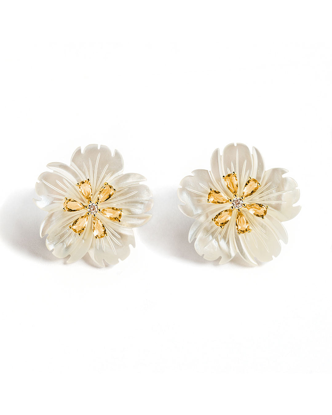 925 GOLD PLATED FLOWER EARRINGS WITH MOTHER OF PEARL AND YELLOW CRYSTALS
