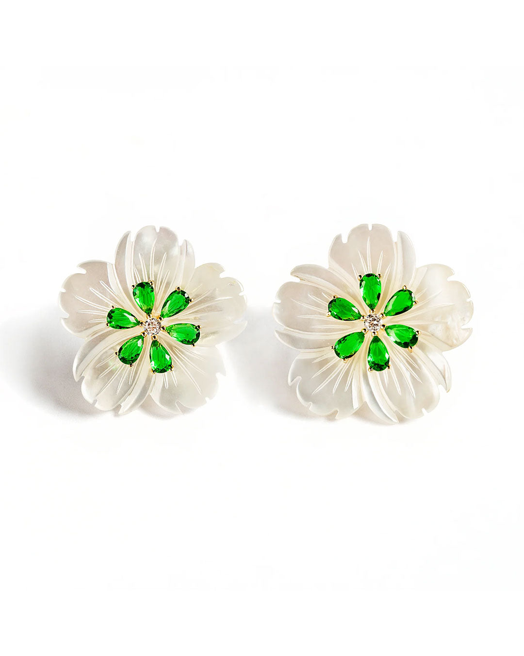 925 GOLD PLATED FLOWER EARRINGS WITH MOTHER OF PEARL AND GREEN CRYSTALS